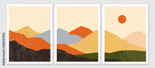 Vector illustration. Abstract contemporary aesthetic backgrounds. Landscapes set. Earth tone colors. Boho wall decor. Modern art print. Flat design for book cover, poster, banner, brochure, flyer