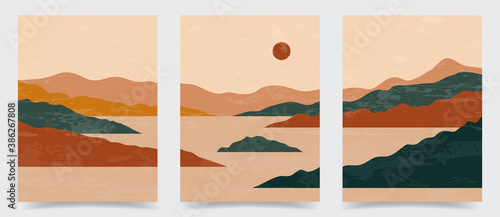 Vector illustration. Abstract contemporary aesthetic backgrounds. Landscapes set. Earth tone colors. Boho wall decor. Modern art print. Flat design for book cover, poster, banner, brochure, flyer