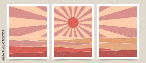 Vector illustration. Abstract contemporary aesthetic backgrounds. Landscapes set. Earth tone colors. Boho wall decor. Modern art print. Flat design for book cover, poster, banner, brochure, flyer