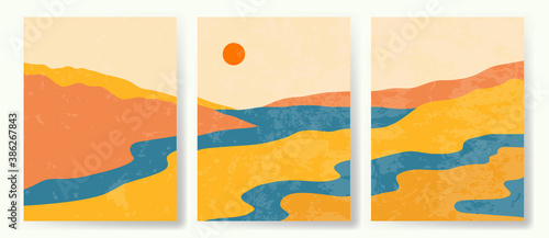 Vector illustration landscape. Japanese wave pattern. Mountain background. Asian style. Sunset scene. Sea backdrop. Design for social media wallpaper, blog post template. Old paper with scratches