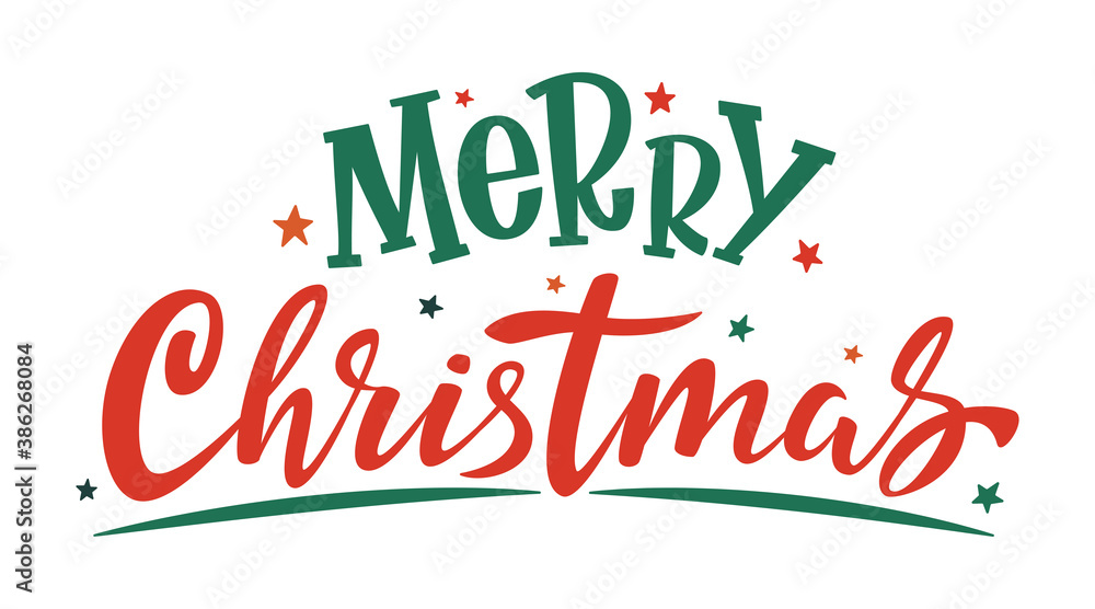 Merry Christmas handwritten lettering. Red and Green text with stars isolated on white. Xmas holidays typography. Vector celebration sign for winter holiday design, postcard, banner and sticker Merry Christmas handwritten lettering. Red and Green text with stars isolated on white. Xmas holidays typography. Vector celebration sign for winter holiday design, postcard, banner and sticker