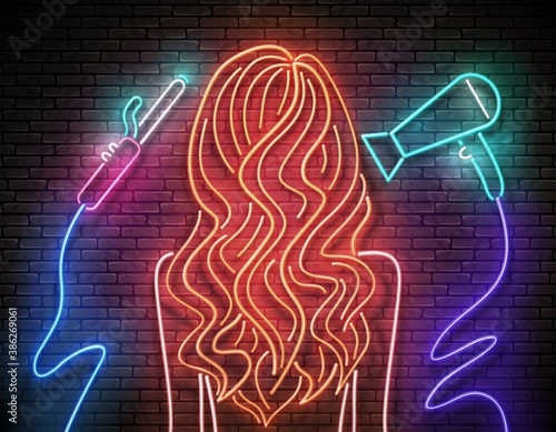 Glow Beautiful Woman Silhouette with Wavy Red Hair. Hairdresser Salon Template, Professional Hairstyling. Shiny Neon Light Poster, Flyer, Banner. Brick Wall. Vector 3d Illustration