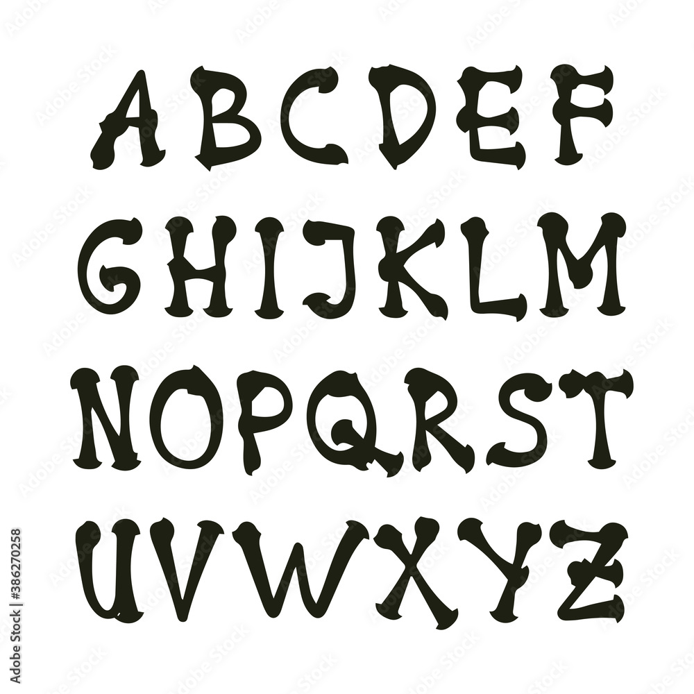 Hand drawn font in retro creepy style. Hand lettering and custom typography ABC alphabet set characters. vector illustration Hand drawn font in retro creepy style. Hand lettering and custom typography ABC alphabet set characters. vector illustration