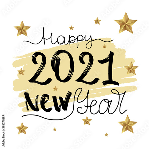 Happy new year 2021. Lettering and sparkling golden stars on white background. Template for postcard, invitation, congratulations on the new year and holidays.