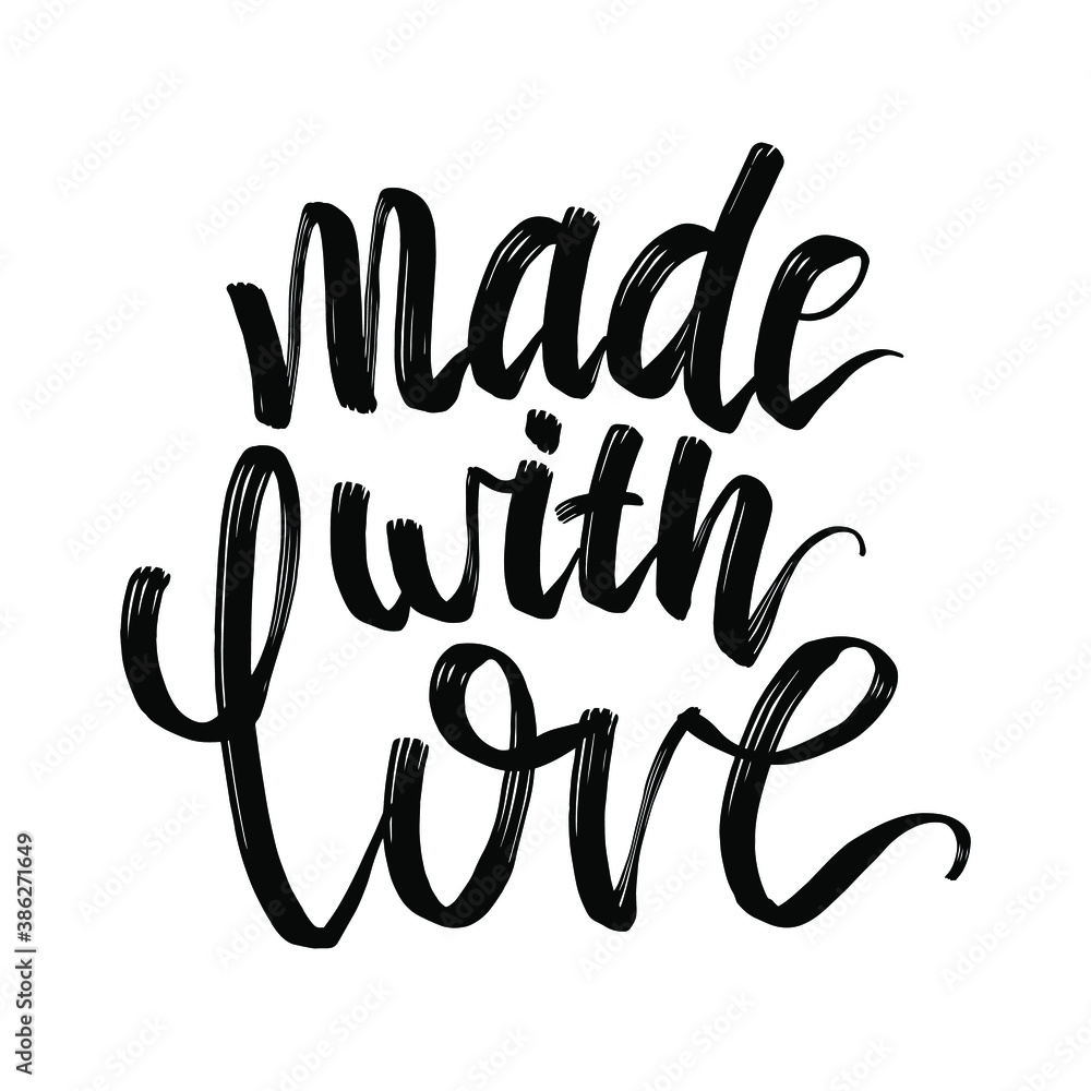 Lettering made with love with a black brush. Signature for handicrafts, creative people, card for scrapbooking and other works that are done by hand.