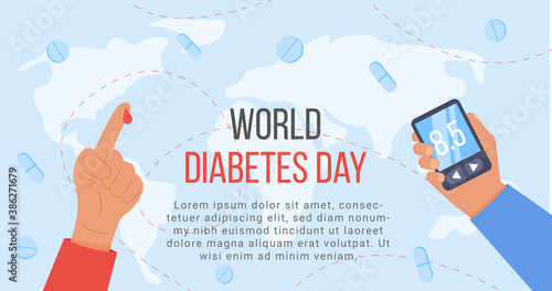 Banner for World diabetes day awareness with a world map on background. Arm and finger with blood drop and hand with digital glucometer. Poster for diabetes blood sugar level test. Vector illustration