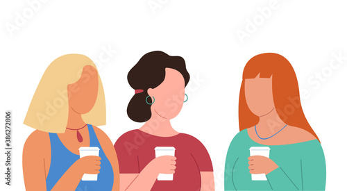 Girls drinking coffee and talking. Female friends holding coffee glasses. Cute cartoon flat character style, vector illustration