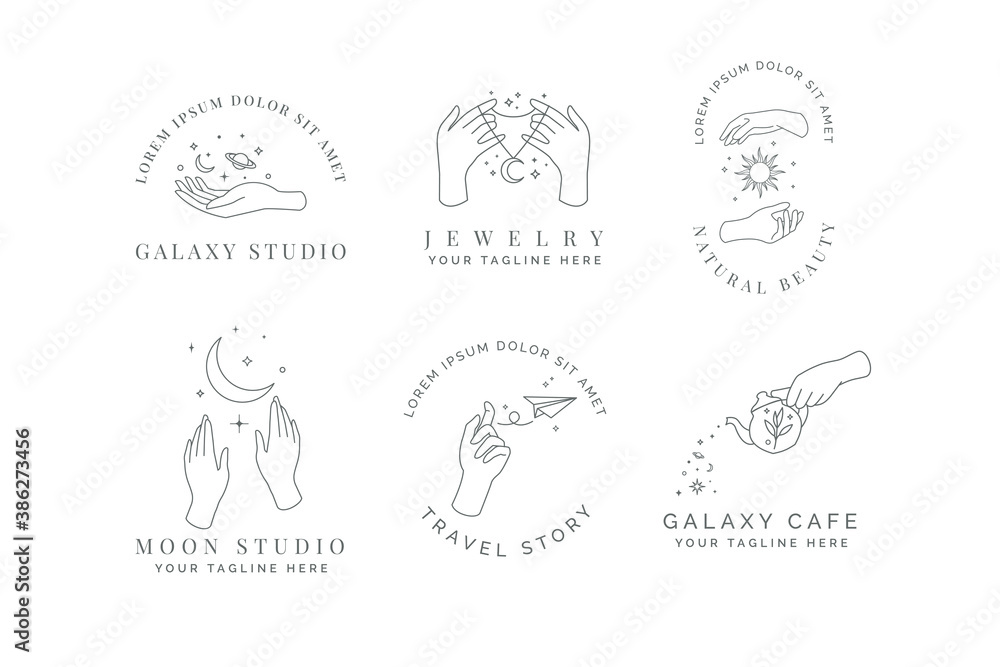 Hand celestial, sun, moon, star, and planet minimalist logo