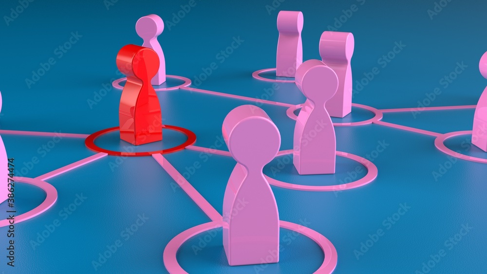 Obraz premium Chain of red human figurines connected by pink lines. Cooperation and interaction between people and employees. Dissemination of information in society, rumors. Social contacts. 3D illustration CG.