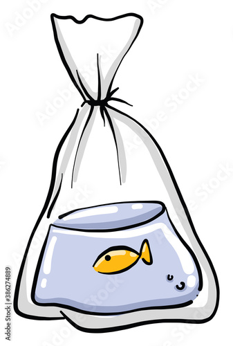 Fish in cellophane, illustration, vector on white background