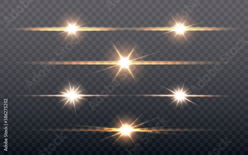 Lens flare set. Glowing light effect on transparent backdrop. Bright stars or light explodes. Sun flash collection. Bright shining collection for poster, banner, brochure. Vector illustration