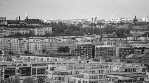 Stockholm, Sweden - 2020.10.18: Birdseye view of the Södermalm municipality and other surrounding districts in southern Stockholm. Photo taken on top of ski slope Hammarbybacken.