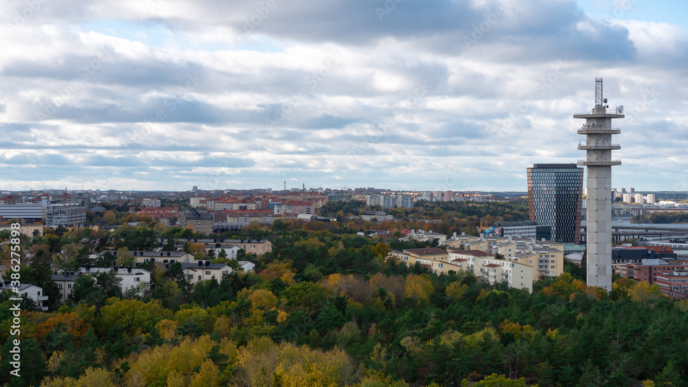 Stockholm,  Sweden - 2020.10.18: Birdseye view of the Södermalm municipality and other surrounding districts in southern Stockholm. Photo taken on top of ski slope Hammarbybacken. 