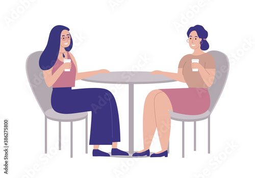 Girls drinking coffee and talking. Female friends holding coffee glasses. Cute cartoon flat character style, vector illustration