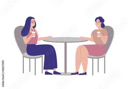 Girls drinking coffee and talking. Female friends holding coffee glasses. Cute cartoon flat character style, vector illustration