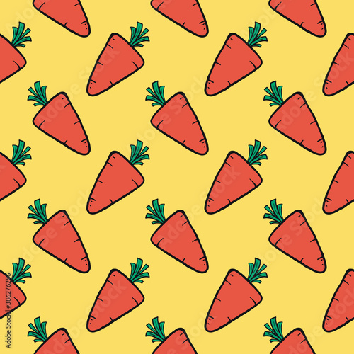 Orange carrrot, seamless pattern on yellow background. photo