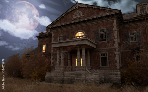 Fotografie, Obraz Abandoned haunted house refuge of spirits moonlit night 3d illustration