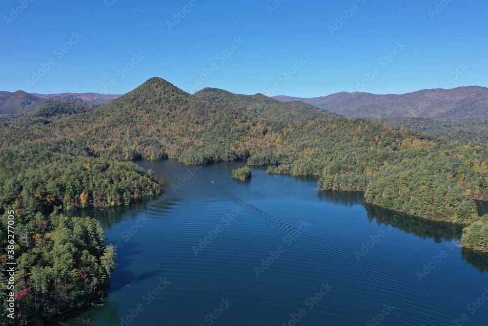 Aerial image of Funnel Top mountain and Lake Santeetlah, North Carolina in autumn color.