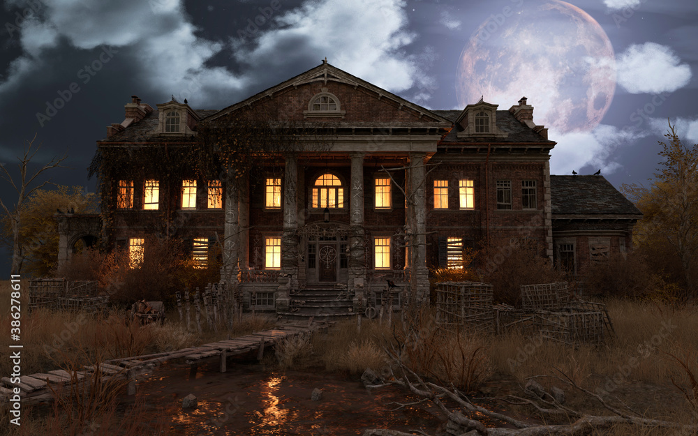 Φωτογραφία Abandoned haunted house refuge of spirits moonlit night 3d illustration