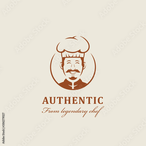 legendary chef kitchen mascot with warm friendly smiles and mustache logo icon character cartoon in vintage style