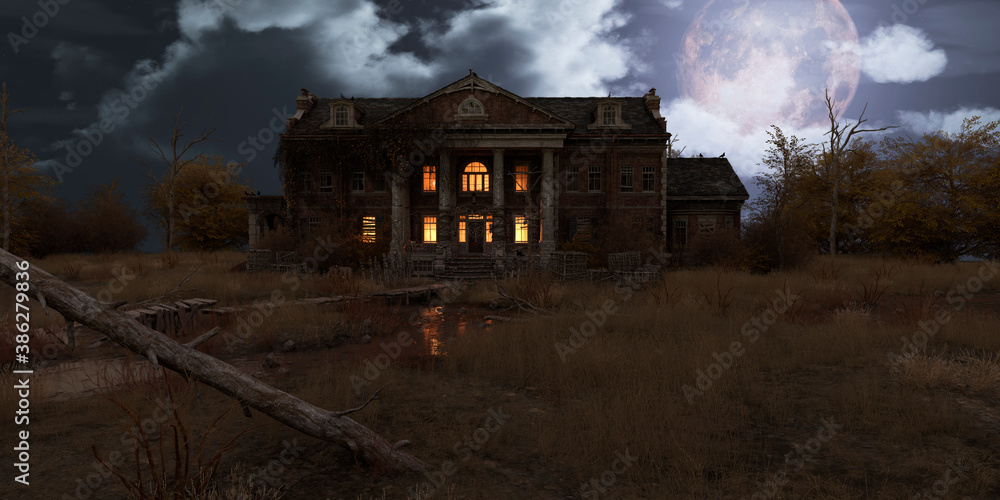 Abandoned haunted house refuge of spirits moonlit night 3d illustration