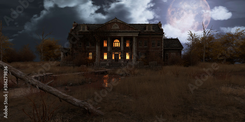Abandoned haunted house refuge of spirits moonlit night 3d illustration
