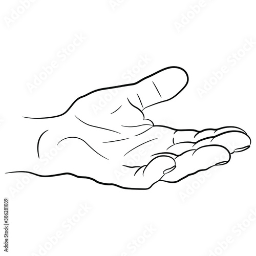 Open human palm. Male hand. Black and white silhouette. Cartoon style.