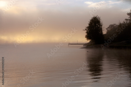 Sunrise and fog in southern Norway - silhouette of tree and small jetty with calm sea © Elmer Laahne PHOTO
