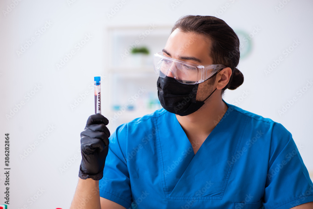 Naklejka premium Young male biochemist testing blood samples