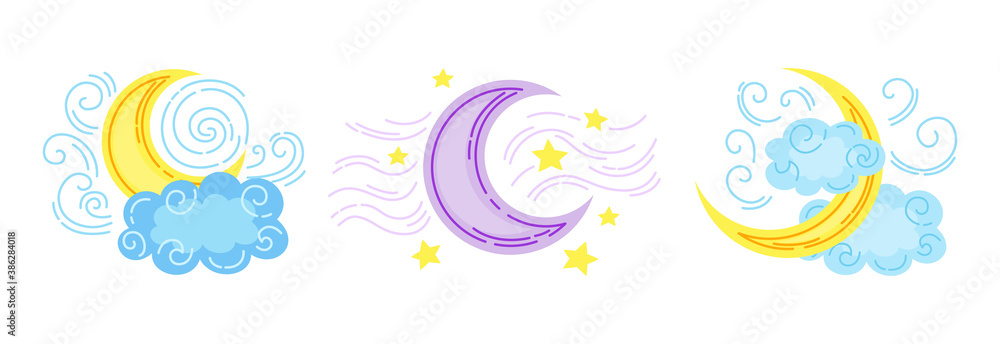 Moon with clouds or star cartoon set. Hand drawn doodle forecast weather symbols collection. Night sky flat design elements. Meteorological infographics outline signs vector