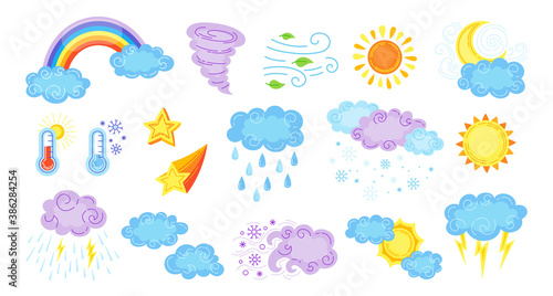 Weather cartoon set. Cute hand drawn sun and clouds, rain or snow, lightning, moon and star, rainbow, thermometer. Symbols of forecast weather. Meteorological infographics signs. Vector illustration