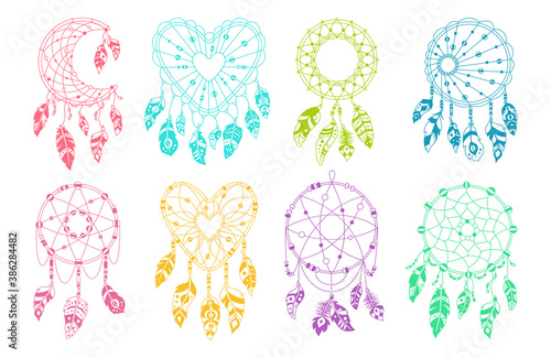 Boho dreamcatcher with feathers colored set. Ethnic design, boho chic. Silhouette bird feathers, talisman sweet dream hand drawn. Multicolored Native American indian design. Ethnic bohemian vector