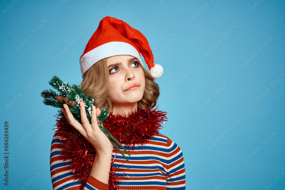 energetic woman with christmas tree hands tree branches model red hat new year energetic woman with christmas tree hands tree branches model red hat new year