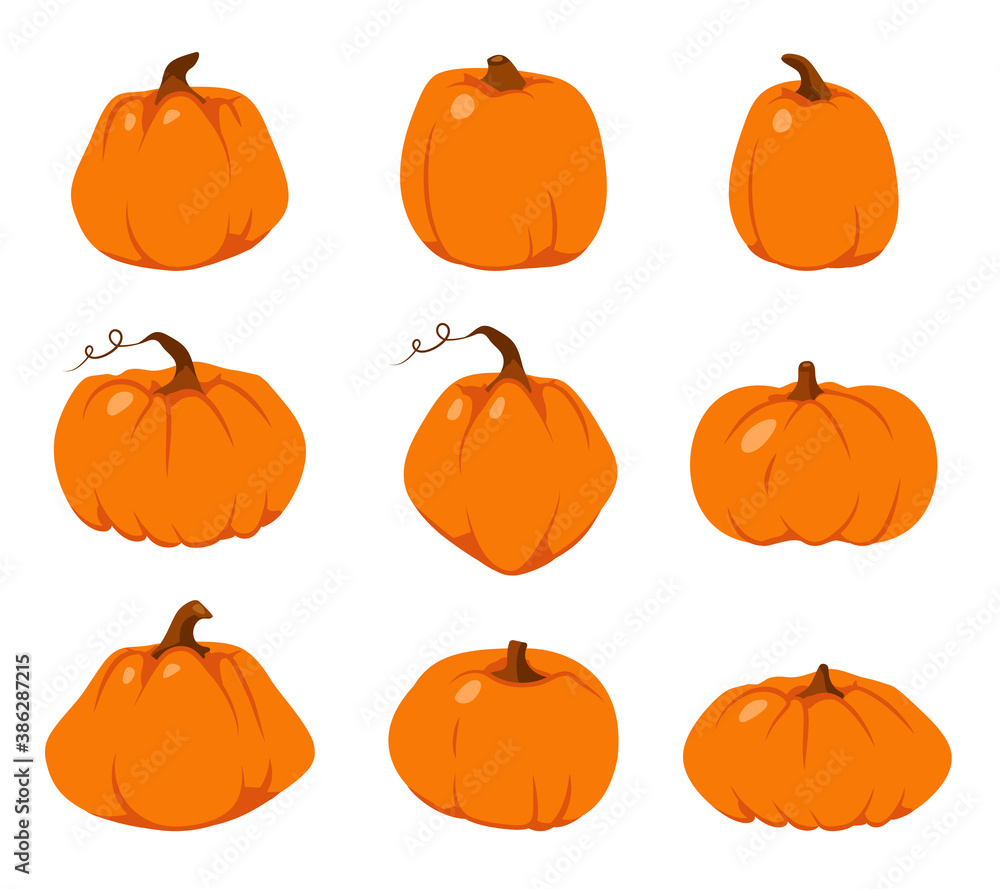 Set of Autumn pumpkin flat icon. Cartoon different shape orange gourd. Symbol Thanksgiving and Halloween. Gather farm harvest, season crop capacity. Ripe vegetable squash Isolated vector illustration