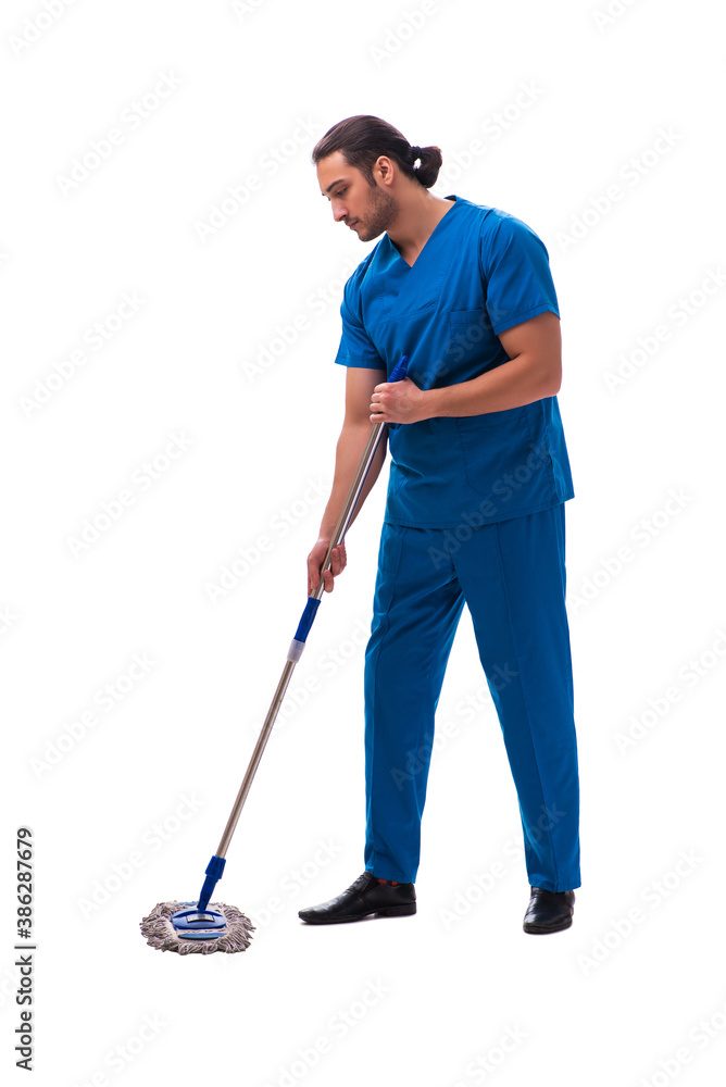 Young male assistant with mop isolated on white Young male assistant with mop isolated on white