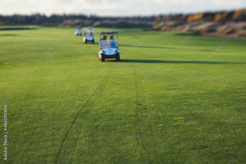Golf electric cars riding on a golf course in the sunny day, golf carts drive with golfers in resort club