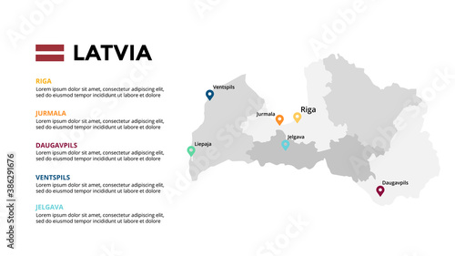 Latvia vector map infographic template. Slide presentation. Global business marketing concept. Color Europe country. World transportation geography data. 