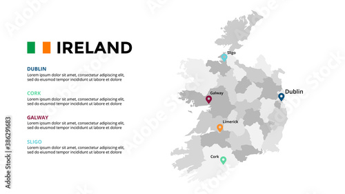 Ireland vector map infographic template. Slide presentation. Global business marketing concept. Color Europe country. World transportation geography data. 