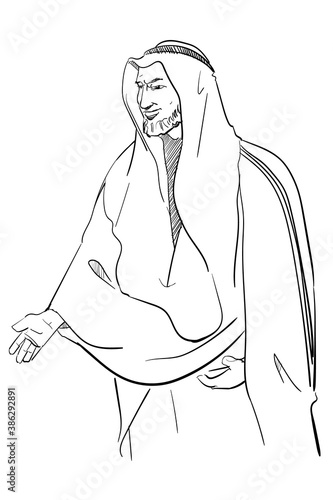 Islamic scholar arabian wear thawb headdres hand drawing sketch white isolated background