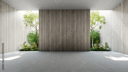 Fototapeta Naklejka Na Ścianę i Meble -  Empty old wood plank wall 3d render,There are concrete floor,Behide the backdrop is a tropical garden,sunlight shine into the room.