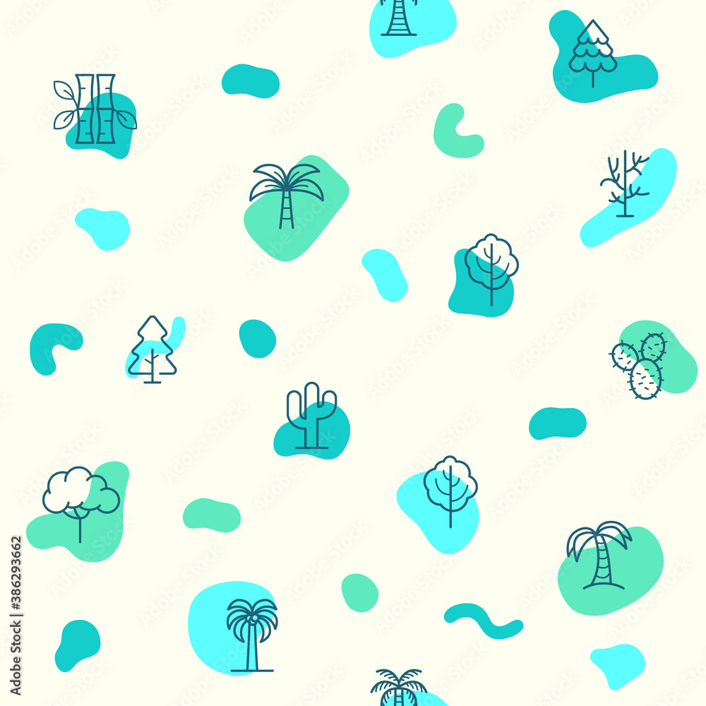 Seamless pattern on the theme of nature, tree, forest, evergreen, pine tree, park, greenery, branch, bush, palm tree and more. simple color icons on green background.