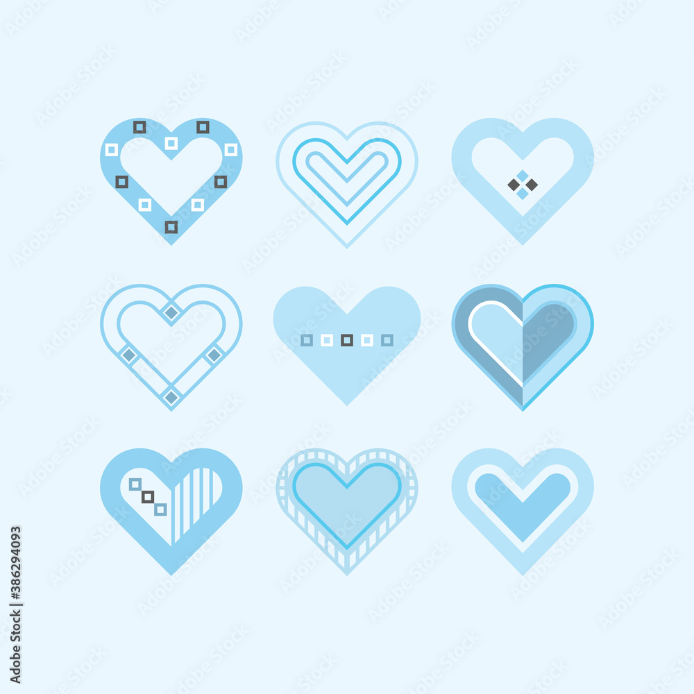 Trendy and cute blue pastel color assorted baby boy hearts icons set frame