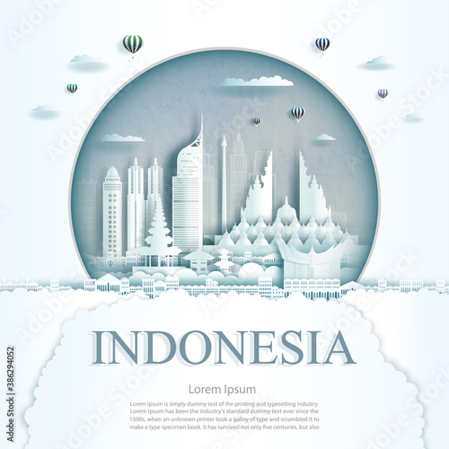 Travel Indonesia monument in Jakarta city modern building in circle.