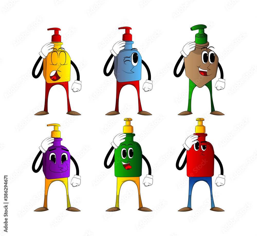 Cartoon bottle of hand sanitizer gel for hygiene with face placing hand on head. Cartoon bottle of hand sanitizer gel for hygiene with face placing hand on head.