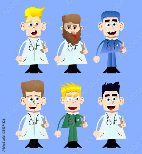 Funny cartoon doctor pointing at the viewer with his hand. Vector illustration.