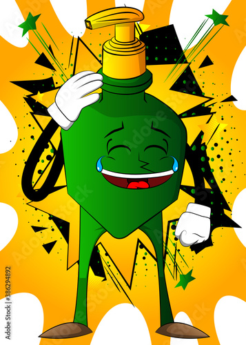 Cartoon bottle of hand sanitizer gel for hygiene  with face placing hand on head.