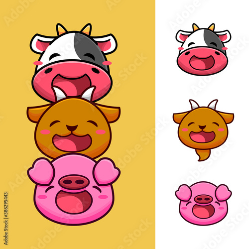 cute adorable farm animal faces illustration