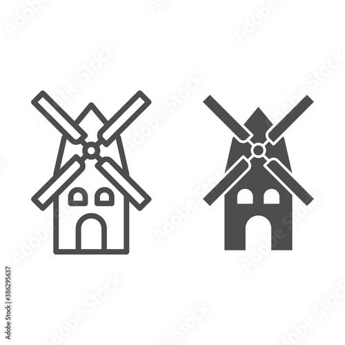 Mill line and solid icon, Oktoberfest concept, windmill sign on white background, Ancient mill icon in outline style for mobile concept and web design. Vector graphics.