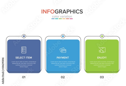 Concept of shopping process with 3 successive steps. Three colorful graphic elements. Timeline design for brochure, presentation, web site. Infographic design layout.