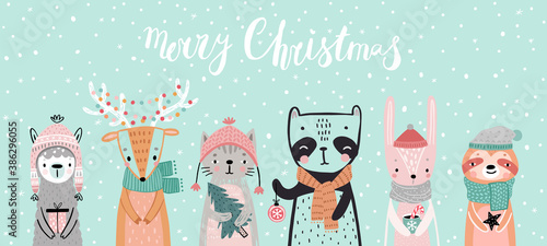Christmas card with animals, hand drawn style. Woodland characters, panda, rabbit, sloth, deer, llama and cat.